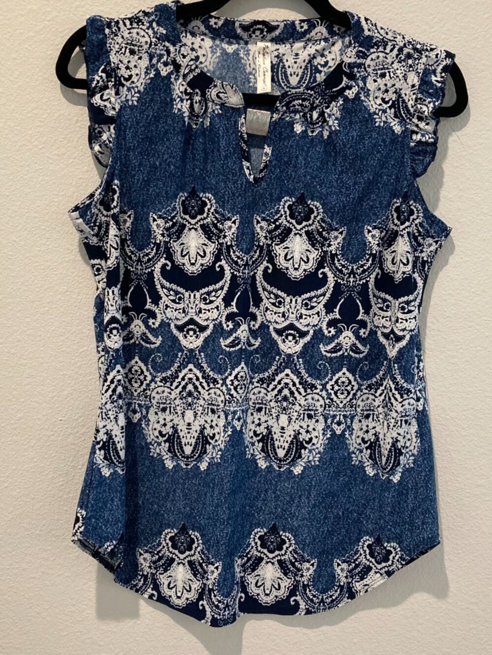 Perception Concept Blue White Patterned Top - Size S Short Sleeve Blouse